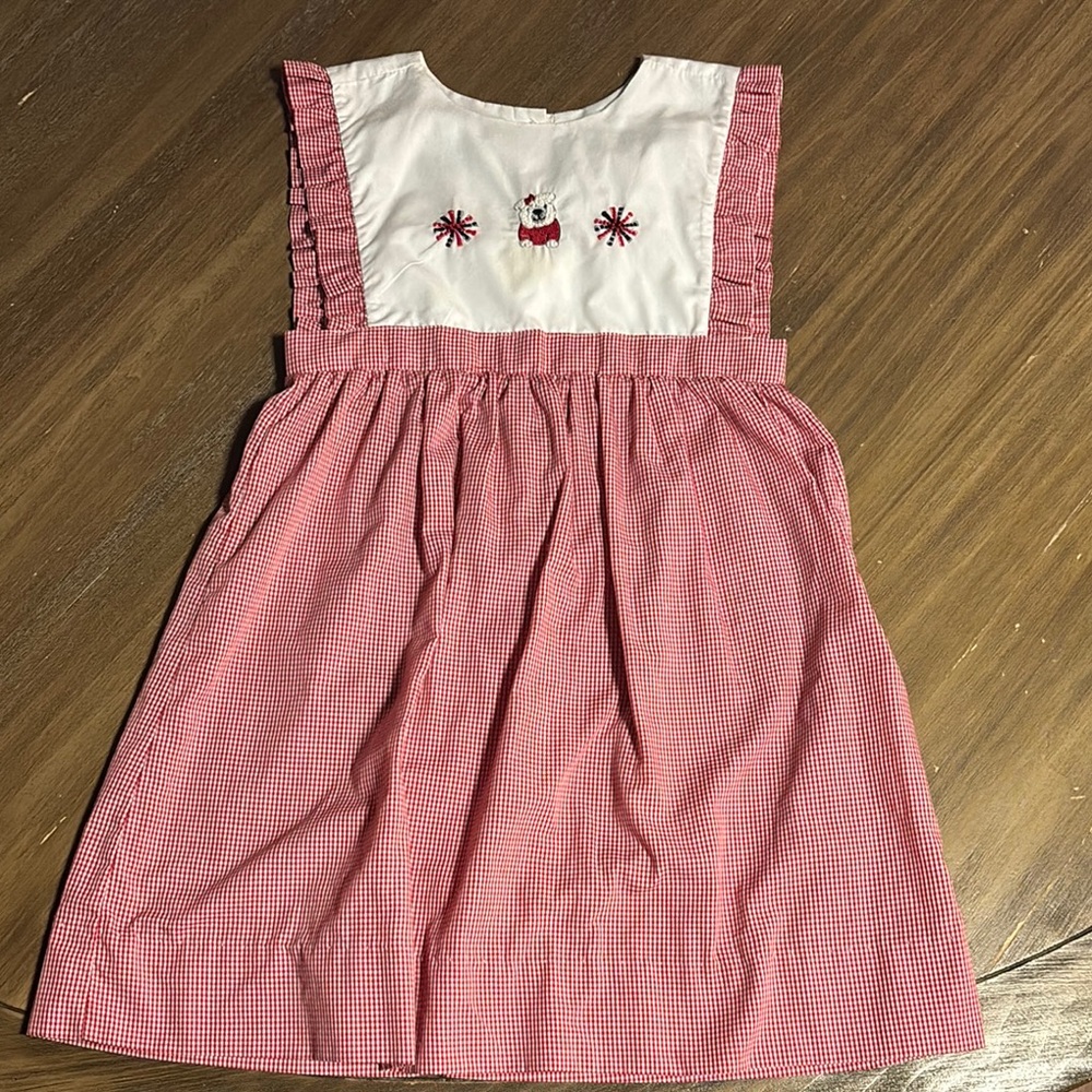 Ga Bulldog Red Gingham Pinafore Dress with Embroidered Bib